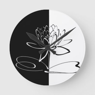Horloge Ronde Yin Yang Fleur de Lotus Noir et Blanc