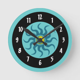 Horloge Ronde Yin-Yang Soleil Aztèque/Cercles Aqua et Noirs