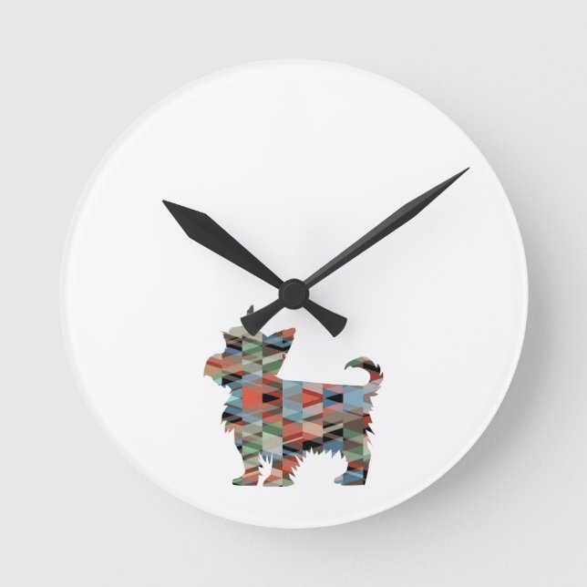 Horloge Ronde Yorkie Dog Breed Geo Silhouette Plaid Round Clock (Recto)