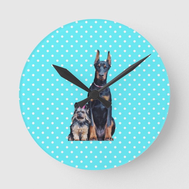 Horloge Ronde Yorkshire Terrier Doberman Pois bleus (Recto)