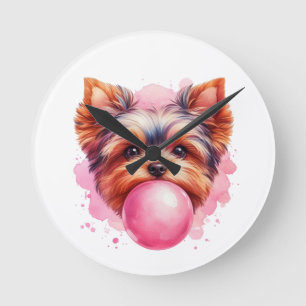 Horloge Ronde Yorkshire Terrier Dog w rose Bubblegum Aquarelle