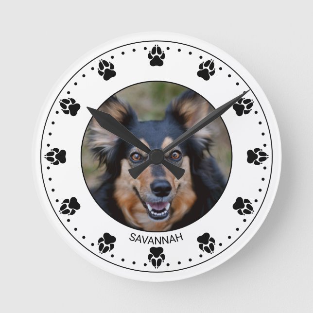 Horloge Ronde Your Pet's Photo With Paw Clock Face & nom (Recto)