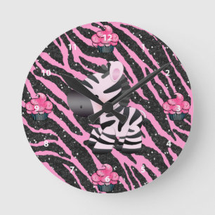 Horloge Ronde Zèbre & Cupcakes Rose & Noir Paillettes Imprimé An