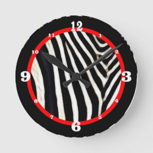 Horloge Ronde Zèbre noir et blanc Imprimer Accent rouge numériqu