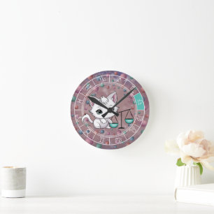 Horloge Ronde Zodiac Libra Cute Cat Wheel Planet Astrologie