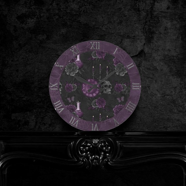 Horloge Ronde Zodiac Magie | Plum violet foncé Roses de crâne go (Créateur téléchargé)