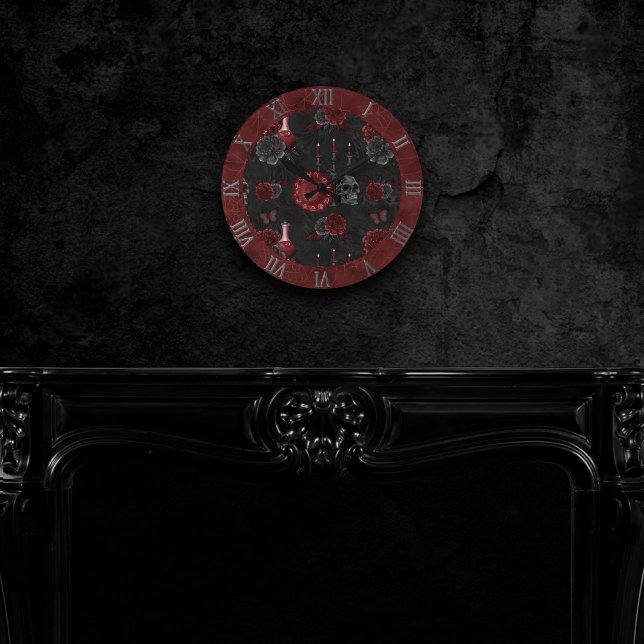 Horloge Ronde Zodiac Magie | Potion Rose du crâne gothique rouge (Créateur téléchargé)