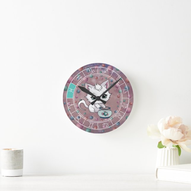 Horloge Ronde Zodiac Pisces Cute Cat Roue Planète Astrologie (Maison)