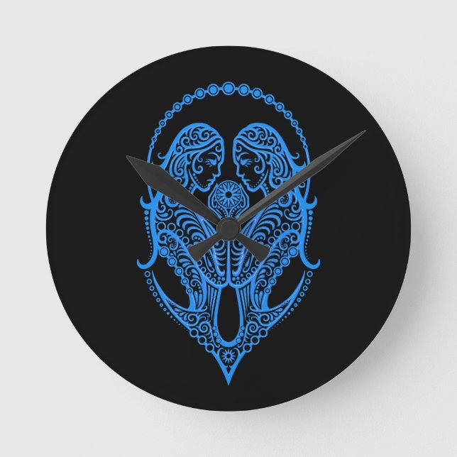 Horloge Ronde Zodiaque bleu complexe de Gémeaux sur le noir (Recto)