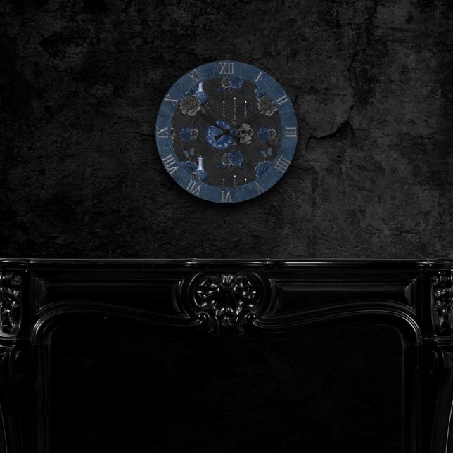 Horloge Ronde Zodiaque magic | Dark Navy Blue Gothic Skull (Créateur téléchargé)