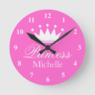 horloge rose princesse couronne murale avec nom de