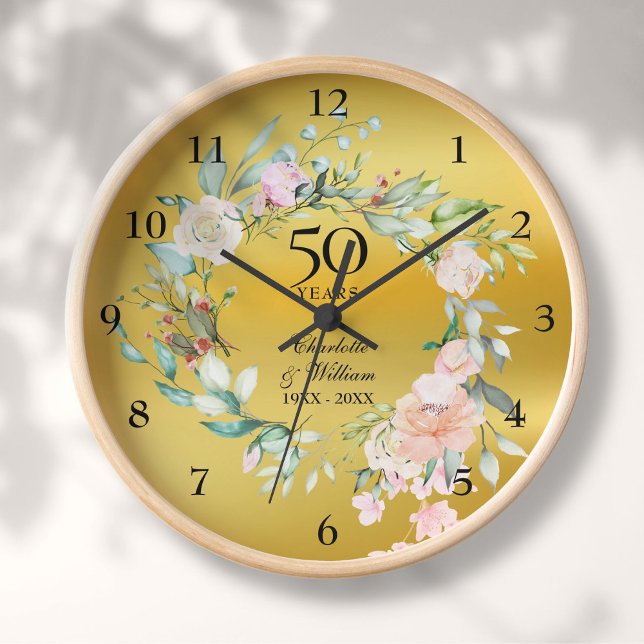 Horloge Roses Anniversaire de Mariage 50 ans Feuille d'Or (50th Wedding Anniversary Roses Floral Gold Foil Clock)