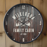 Horloge Rustique Nom de famille Cabine Cottage Lodge Retro<br><div class="desc">Horloge murale moderne rustique avec un design branché de chaîne de montagnes de forêt avec pins, bois et oiseaux entourée de votre nom de famille personnalisé sur panneau de bois foncé imprimé arrière - plan, un nom personnalisable de votre chalet, cabine, maison de lac ou tout autre, ainsi que l'année...</div>