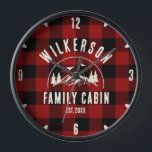 Horloge Rustique Nom de famille Cabine Cottage Retro Rouge<br><div class="desc">Horloge murale moderne rustique avec un design branché de chaîne de montagnes de forêt avec pins, bois et oiseaux entourés de votre nom de famille personnalisé sur l'imprimé arrière - plan plaid de buffle rouge, un nom personnalisable de votre chalet, cabine, maison de lac ou toute autre, ainsi que l'année...</div>