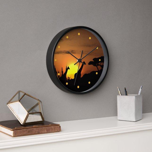Horloge Safari Afrique coucher de soleil Giraffe Silhouett (Bureau)