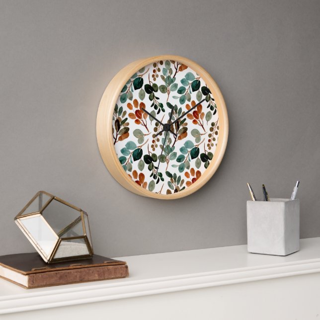 Horloge Sage vert brun feuilles sarcelle automne (Bureau)