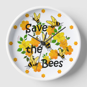 Horloge Sauvez les abeilles, Nid d'abeille et Fleurs Jaune
