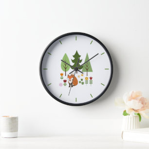 Horloge Scandinavian Style Fox Flowers Trees Illustration