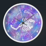 Horloge Scorpio Scorpion Constellation Stars Birthday<br><div class="desc">This fun clock makes the perfect gift for anyone born under the zodiac sign scorpio. Incluit des a vintage scorpion, plus the constellation and space for the birthday person's name, all in white with a purple-pink starry background. Just use the easy template to add your personalized name DESIGN TIP :...</div>