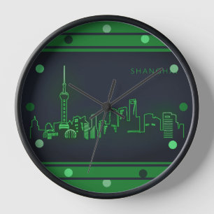 Horloge Shanghai Skyline Green Neon Look Cityscape Wall R