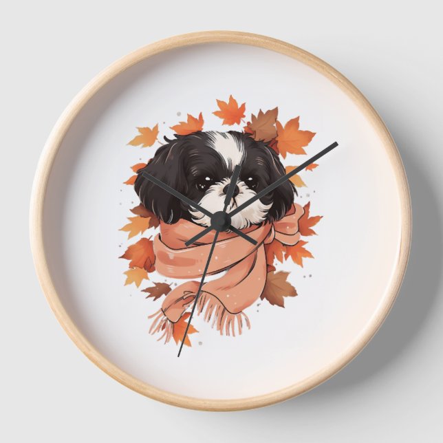 Horloge Shih Tzu Fall Dog Automne quitte Thanksgiving Copi (Recto)