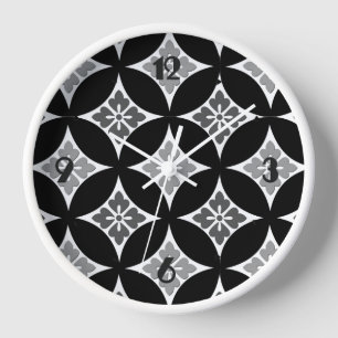 Horloge Shippo avec Motif Fleur, Noir, Blanc et Gris