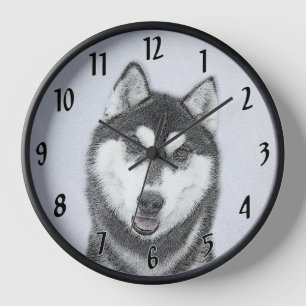 Horloge Sibérie Husky (noir et blanc) Peinture Chien Art
