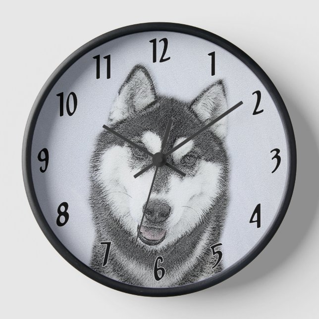 Horloge Sibérie Husky (noir et blanc) Peinture Chien Art (Recto)