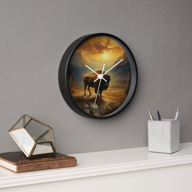 Horloge Silhouette de Bison de Buffalo au Coucher du Solei (Bureau)