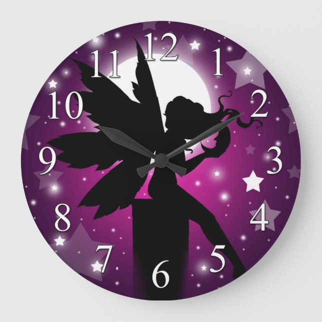 Horloge Silhouette de Fée Lune Violette et Étoiles (Recto)