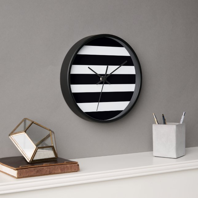 Horloge Simple Classique Chic Noir Et Blanc Mur En Rayures (Bureau)