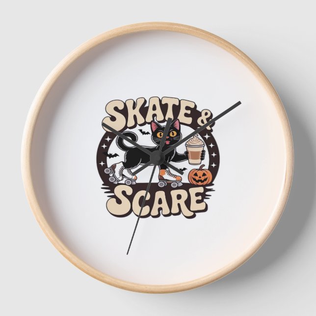 Horloge Skate & Scare – Cute Black Cat Roller Skating Over (Recto)