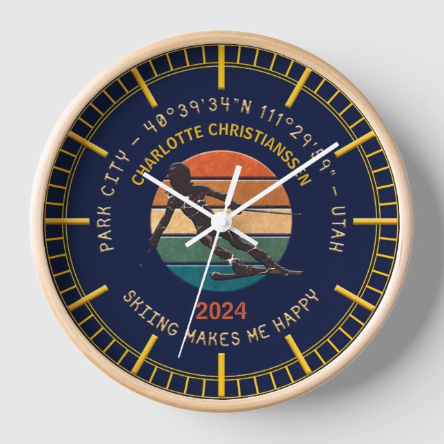 Horloge Ski Park City, Utah - Femme Skier, Texte D'Or (Recto)