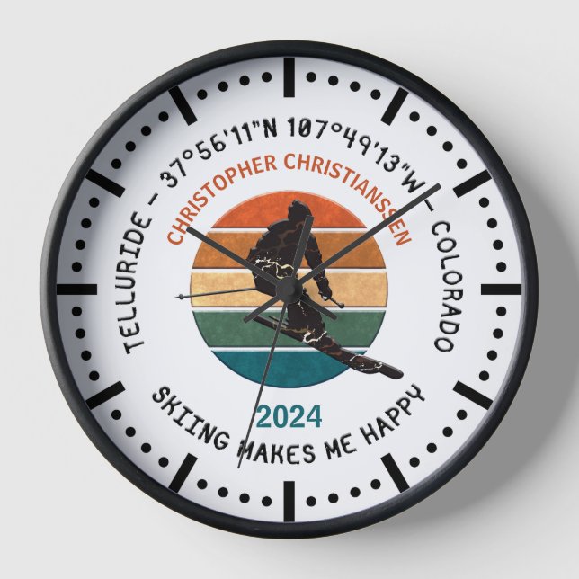 Horloge Ski Telluride, Colorado - Homme Skier, Texte noir (Recto)