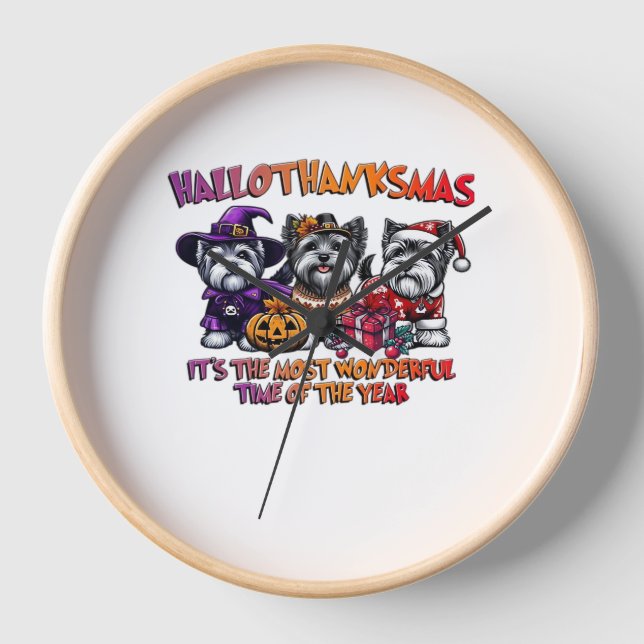 Horloge Skye Terrier Halloween Thanksgiving Noël Classes (Recto)