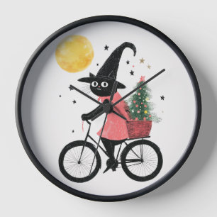 Horloge Sorcière Chat Noir Cyclisme la Nuit Noël Surnature