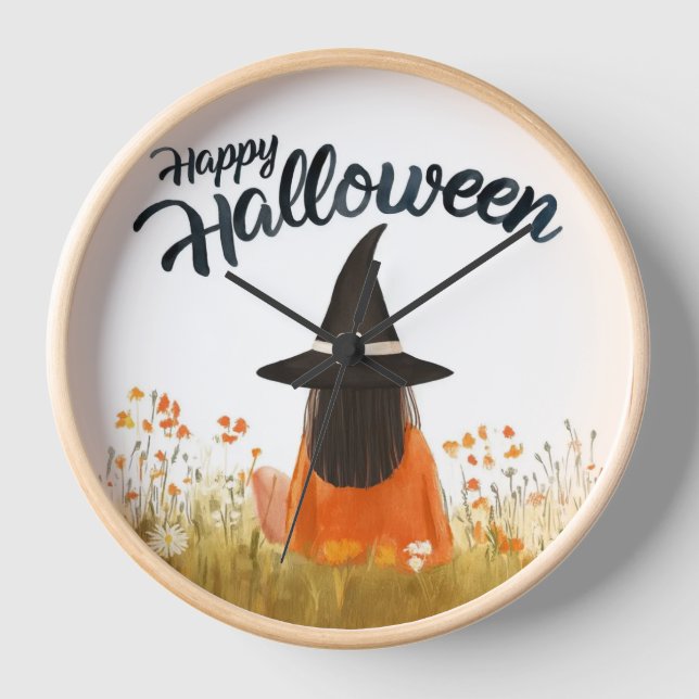 Horloge Sorcière d'Halloween dans un champ de fleurs (Recto)