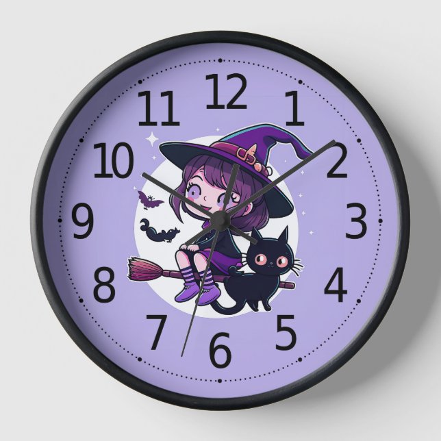 Horloge Sorcière mignonne avec une chambre Chat Noir Chat  (Recto)