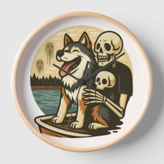 Horloge Squelette avec chien sur un lac hanté d'art d'horr