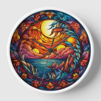 Horloge Stained Glass Sunset Landscape Wall Clock