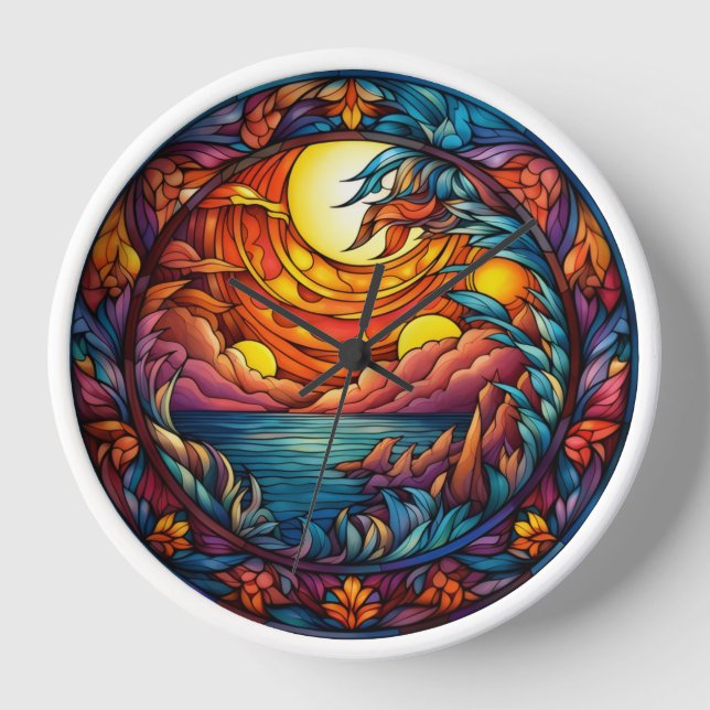 Horloge Stained Glass Sunset Landscape Wall Clock  (Recto)
