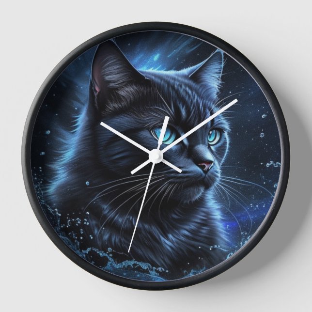 Horloge Starry Night Bleu Chat noir Splash Art (Recto)