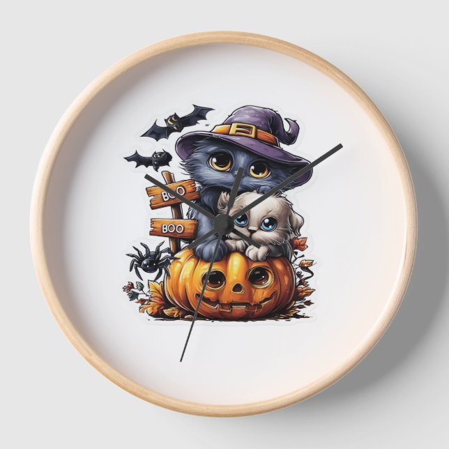 Horloge Sticker Chat Halloween mignonne - Casquette sorciè (Recto)