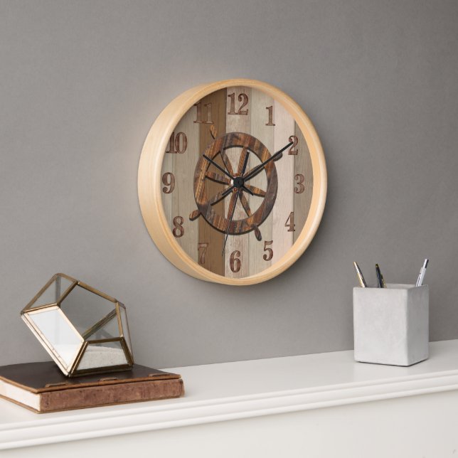Horloge Stripes et Ancres nautiques en bois rustique (Bureau)