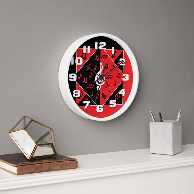 Horloge Stylish Art déco Music Notes Red White (Bureau)