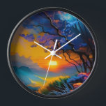 Horloge Superbe lever de soleil sur l'étang<br><div class="desc">arbre à fleurs coloré bleu et violet Beau lever de soleil à l'horizon sur l'étang herbes colorées AI ART créé par minx267</div>