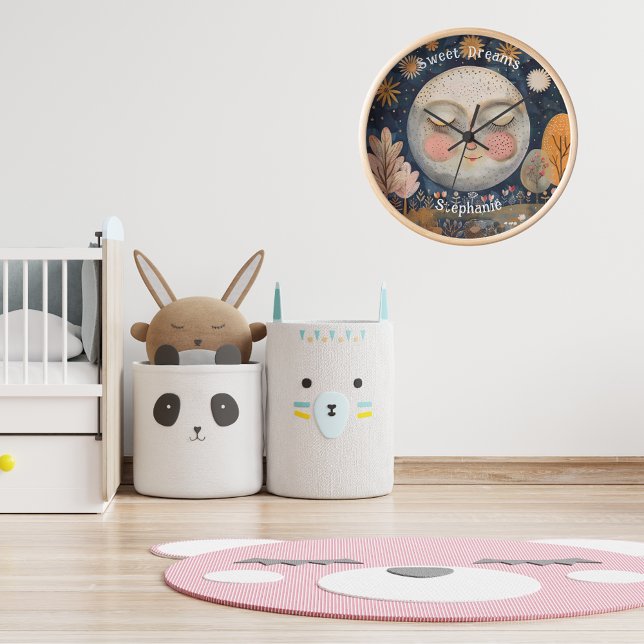 Horloge Sweet Dreams Céleste Moon Nom personnalisé Cute Ki (Sweet Dreams Delestial Moon Kids Name Wall Clock)