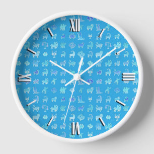 Horloge Symboles du zodiaque, fond bleu turquoise