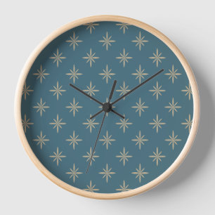 Horloge Tan Starburts sur Blue Atomic Mid Century Motif