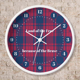 Horloge Tartan - Patriotique - Bleu Rouge Étoiles Blanches